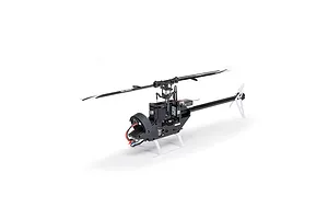 Studio shot of the Blade Revolution 155 CP RC helicopter mechanics without body canopy, showing black frame, white landing gear, and main rotor blades against a white background.