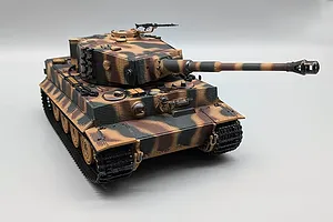 Heng Long German Tiger I RC tank in camouflage finish shown from a high front angle against a white background.