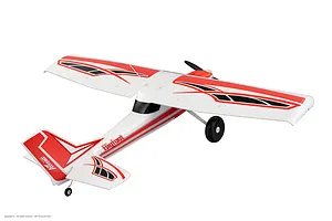 High-angle studio shot of the Arrows RC Bigfoot 1.3m trainer RC airplane in white with red and black decals against a plain white background.