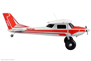 Side view of the Arrows RC Bigfoot 1.3m trainer airplane in white with red decals and large bush wheels against a plain white background.