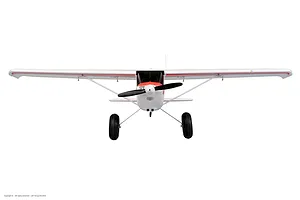Front view of the Arrows RC Bigfoot 1.3m trainer airplane showing propeller, large wheels, and high-wing design on a white background.