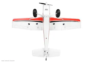 Bottom-up studio view of the Arrows RC Bigfoot 1.3m trainer airplane showing its landing gear, wings, and servos.