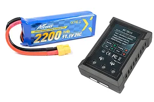 Arrows 11.1V 2200mAh LiPo battery and an AC-3S10 balance charger on a white background.