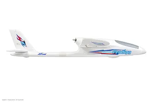 Side view of the Arrows RC Prodigy 1400mm trainer airplane in white foam with blue and red decals against a white background.