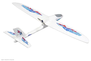 Arrows RC Prodigy 1400mm trainer airplane in white foam with blue and red decals against a plain background.