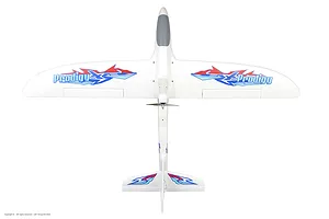 Top-down studio shot of the white Arrows RC Prodigy 1400mm trainer airplane with blue, red, and light blue decals on the wings and tail.