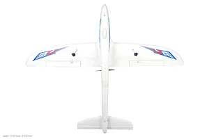 Top-down view of the Arrows RC Prodigy trainer plane against a white background, showing the white foam airframe and decals.