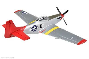 High-angle studio shot of the Arrows RC P-51 Mustang warbird plane featuring silver, red, and yellow livery against a white background.