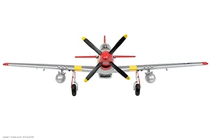 Front-on view of the Arrows RC P-51 Mustang 850mm warbird model airplane, featuring a silver fuselage, red nose, and landing gear.