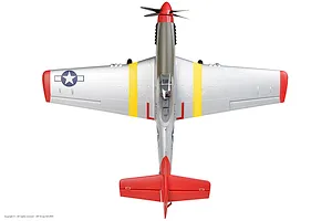 Top-down view of the Arrows RC P-51 Mustang 850mm warbird plane in silver, red, and yellow livery against a white background.