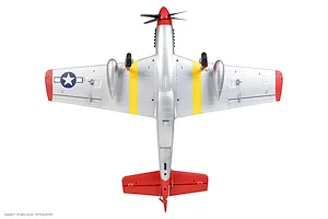 Bottom-up studio view of the Arrows RC P-51 Mustang 850mm warbird plane, showing its silver fuselage, red tail, yellow wing stripes, and landing gear.