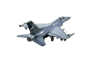 FMS F-16 Fighting Falcon RC jet in battlefield grey viewed from the rear on a white background.