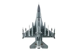 Underside view of the FMS F-16 Fighting Falcon RC jet model in battlefield grey, showing landing gear, drop tanks, and missiles on a white background.