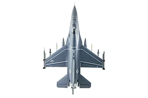 Top down studio view of the FMS F-16 Fighting Falcon RC EDF jet in battlefield grey with mounted missiles against a white background.