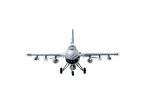 Front view of the FMS F-16 Fighting Falcon RC jet in battlefield grey with landing gear and mounted ordnance against a plain white background.
