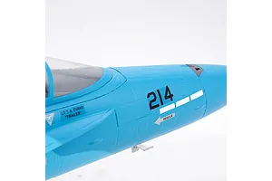 Close-up of the blue fuselage of the FMS F/A-18 Hornet RC jet featuring number 214 and pilot markings.