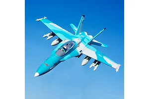FMS RC F/A-18 Hornet jet flying against a clear blue sky background.