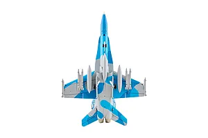 Top down view of the FMS F/A-18 Hornet RC jet in blue and grey camouflage livery featuring mounted ordnance and landing gear.