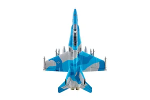 Top-down studio view of the FMS F/A-18 Hornet RC jet featuring a blue and grey camouflage livery and mounted missiles.