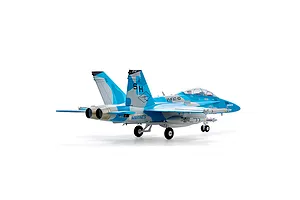 Rear-three-quarter view of the FMS F/A-18 Hornet RC jet in blue and grey camouflage livery with landing gear deployed on a white background.