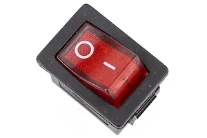 A rectangular black rocker switch with a translucent red button featuring white power symbols on a white background.