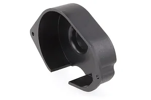 A black plastic gear cover for an RC car, shown from a side angle against a white background.