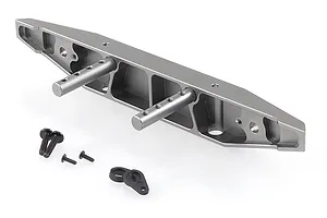 HSP RC4 gunmetal aluminium rear bumper with two mounting posts, four small black screws, and a small black plastic component on a white background.