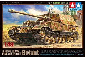 Box art for Tamiya 1/48 scale German Elefant tank destroyer model kit, showing a painted model in a field with a commander figure.