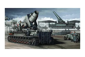 Box art illustration of a German Morser Karl self-propelled siege mortar with soldiers and a railway transport carrier in a field setting.