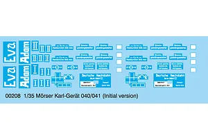 A decal sheet for a 1/35 scale Trumpeter Mörser Karl-Gerät model kit, featuring names Eva and Adam and various German railway technical markings.