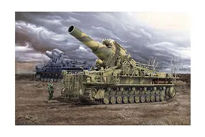 Box art illustration of two German Morser Karl self-propelled guns in a field under a stormy sky, with a soldier standing nearby.