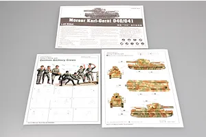 Instruction manuals and painting guides for the Trumpeter 1/35 scale Mörser Karl-Gerät 040/041 model kit laid out on a grey surface.