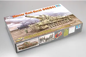 Trumpeter 1/35 scale Mörser Karl-Gerät 040/041 plastic model kit box showing artwork of the self-propelled gun and included crew figures.