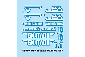 A decal sheet for the Trumpeter 1/35 Russian T-72B3M model kit, featuring various World of Tanks and biathlon-themed markings on a light blue background.
