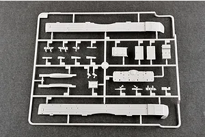 A grey plastic sprue containing various model tank parts for a 1/35 scale Trumpeter T-72B3M kit, including side skirts and small components.