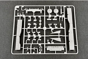 A grey plastic sprue containing various unpainted model tank parts for a 1/35 scale Trumpeter T-72B3M model kit.