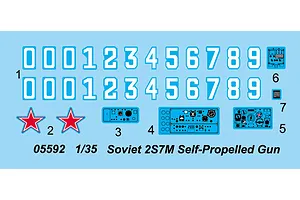 A decal sheet for a 1/35 scale Trumpeter Soviet 2S7M self-propelled gun model kit, featuring numbers, red stars, and instrument panel details.