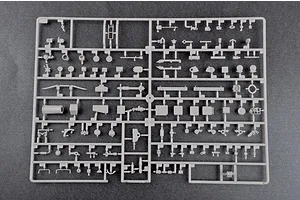 A grey plastic sprue containing various small parts for a 1/35 scale model kit, laid out on a dark grey background.