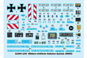 A sheet of waterslide decals for a 1/35 scale Trumpeter MARS military vehicle model kit, featuring various markings, warning labels, and license plates.