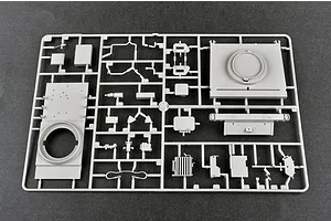 A grey plastic sprue containing various model parts for the Trumpeter 1/35 Mobile Artillery Rocket System kit.