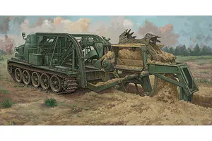 Box art illustration of a green BTM-3 high-speed trench digger vehicle operating in a field.