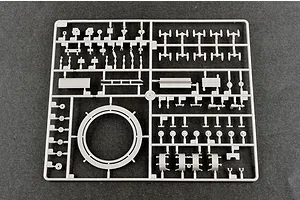 A grey plastic sprue containing various small model parts for the Trumpeter 1/35 BTM-3 High Speed Trench Digger kit.