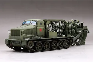 A 1/35 scale model of a BTM-3 high-speed trench digger vehicle, painted in olive green with a red star emblem on the side.