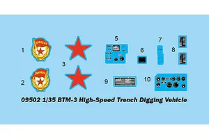 A decal sheet for a 1/35 scale Trumpeter BTM-3 High-Speed Trench Digging Vehicle model kit, featuring Soviet-style emblems, red stars, and instrument panels.