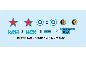 A decal sheet for the Trumpeter 1/35 Russian AT-S Tractor model kit, featuring red stars, roundels, numbers, and dashboard gauges.