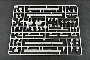 A grey plastic sprue containing various unpainted model kit parts for the Trumpeter 1/35 Russian AT-S Artillery Tractor.