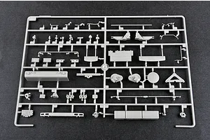 A grey plastic model kit sprue containing various small parts for the Trumpeter 1/35 Russian AT-S Artillery Tractor model.
