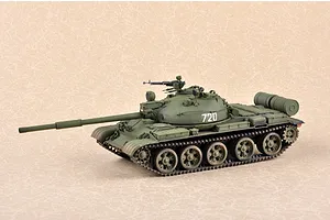 A fully assembled and painted 1/35 scale model of a Russian T-62 tank, featuring olive green camouflage and the number 720 on the turret.