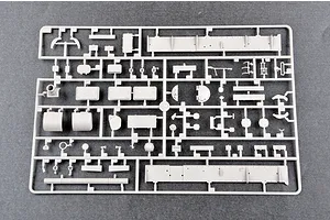 A grey plastic sprue containing various unpainted model tank parts for a 1/35 scale Russian T-62 tank model kit.