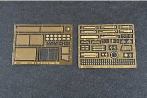 Two photo-etched brass detail sheets for a 1/35 scale Trumpeter T-72 model kit, labeled A and B.